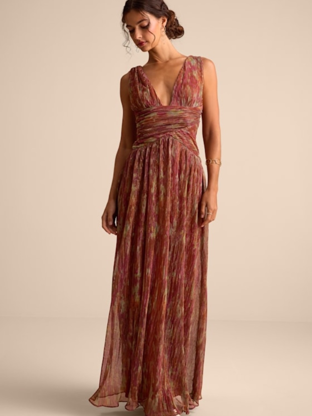 Lulus Evaluna Rust Abstract Print Lurex Pleated Maxi Dress Red - Size L